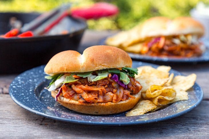 A BBQ Jackfruit Sandwich on a camping plate