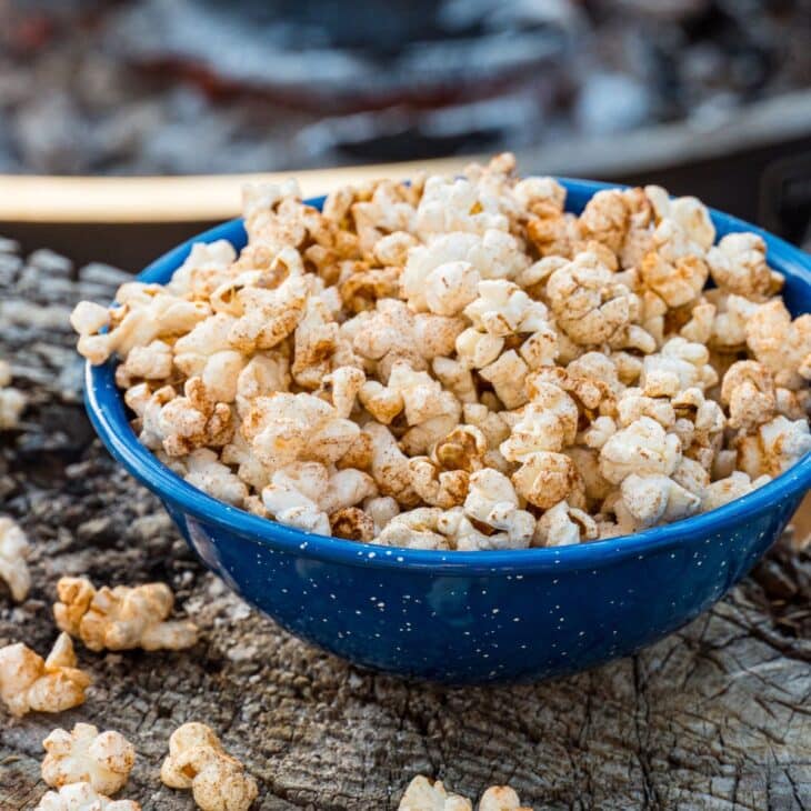 Popcorn in a blue bowl