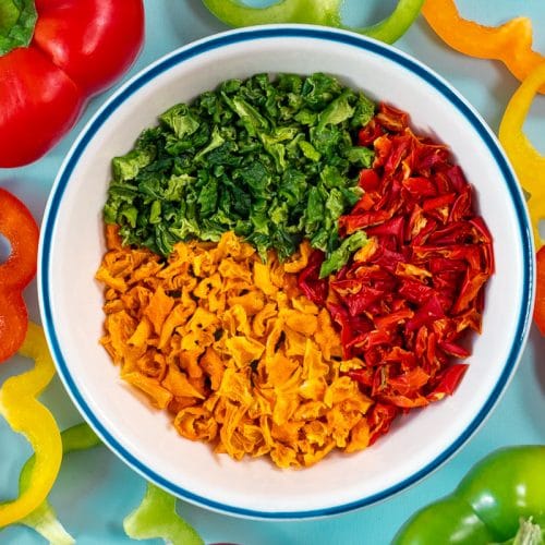 Colorful dehydrated bell peppers in a bowl