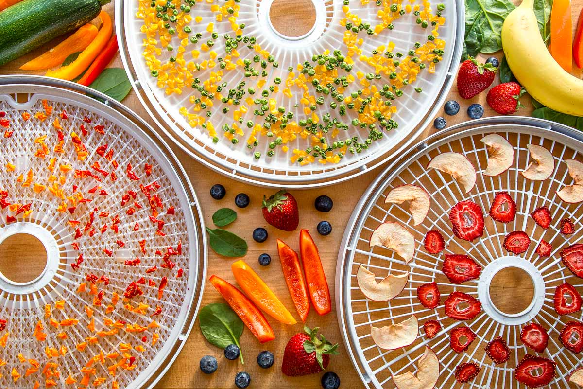 Colorful dehydrated fruit and vegetables with fresh fruit around