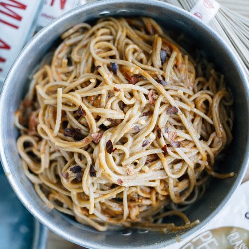 Peanut butter noodles in a backpacking pot