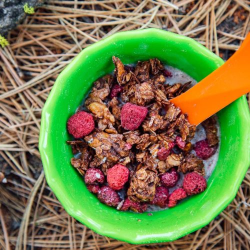 Coconut chocolate granola dotted with raspberries in a green bowl