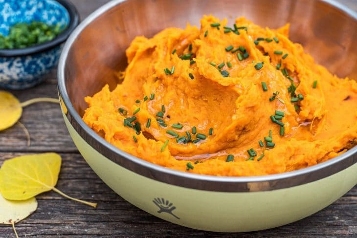 Mashed sweet potatoes in a bowl