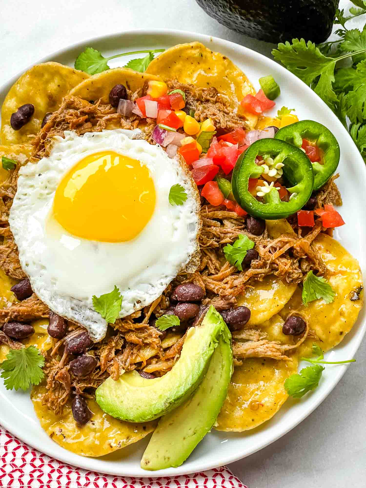 A vivid plate displays a sunny-side-up egg, shredded meat, black beans, sliced avocado, jalapeño garnished with fresh herbs and diced tomatoes against a white background.