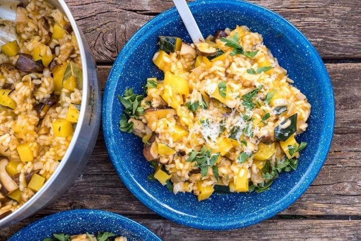 Overhead view of a bowl of acorn squash risotto