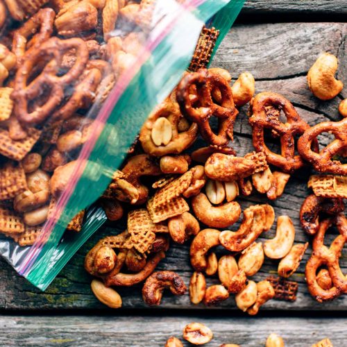 Sriracha trail mix on a wooden surface