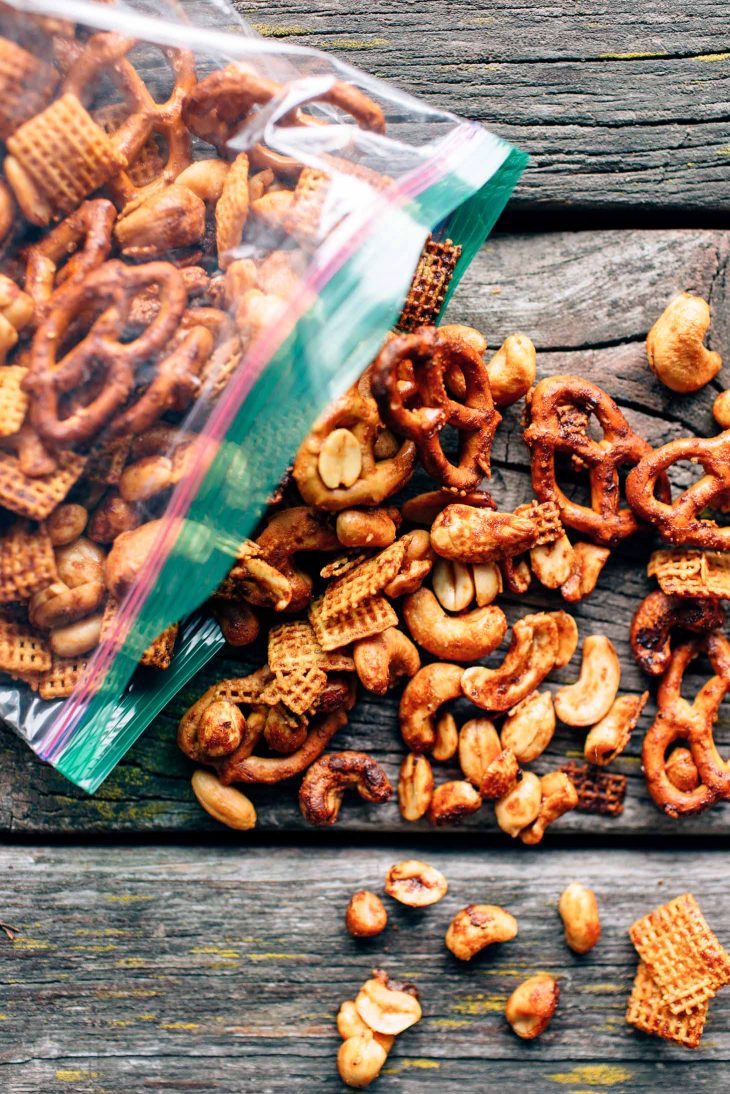 Sriracha trail mix on a wooden surface