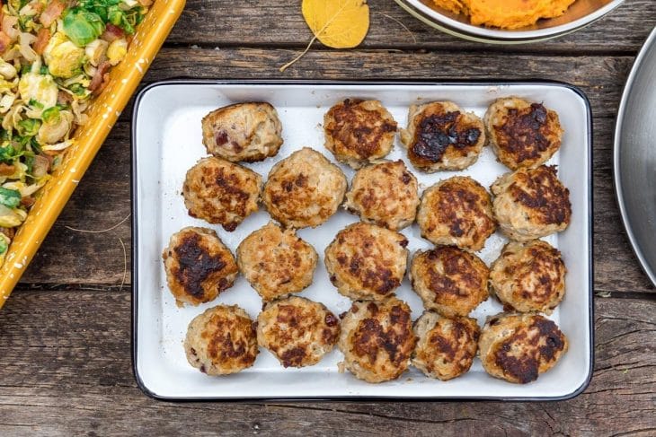 Turkey meatballs on a white enamel platter